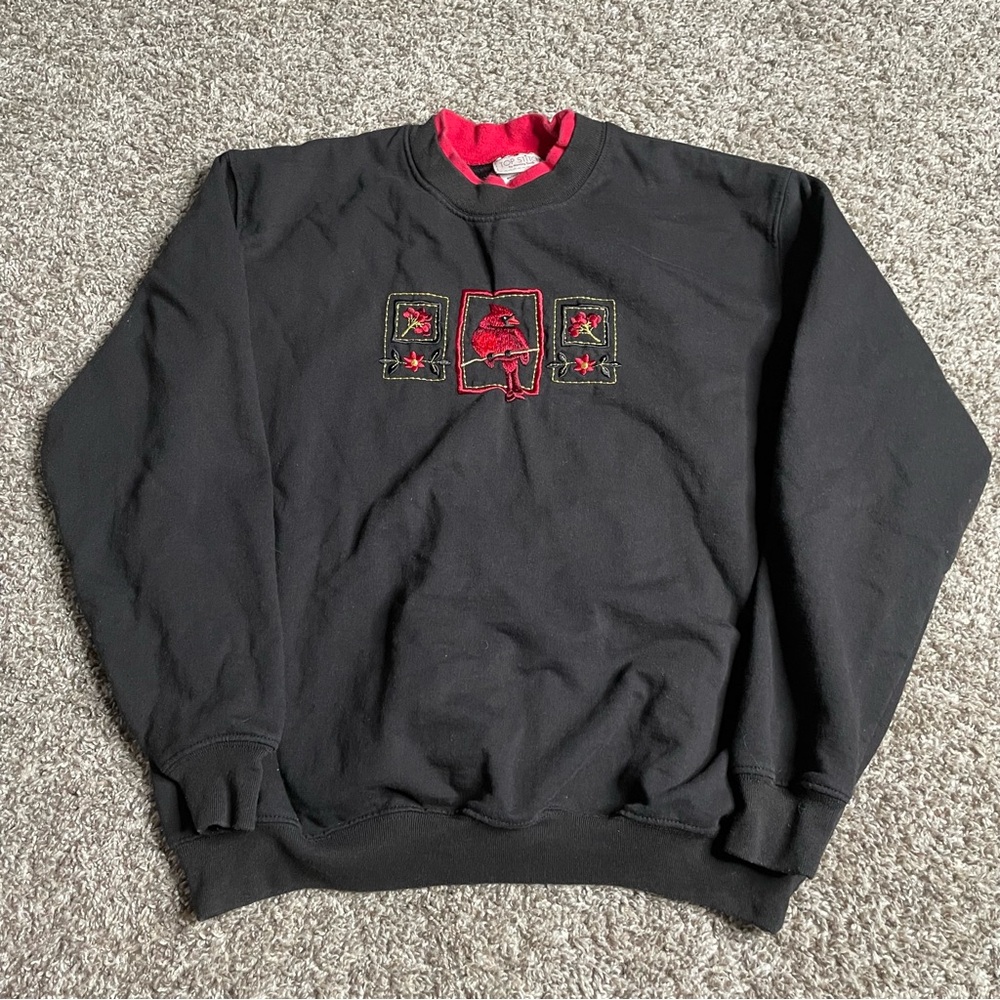 Vtg Cardinal Bird Sweatshirt Womens Medium Petite Black Red Ringer Embroidered